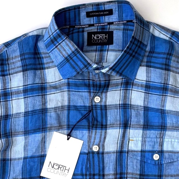 North Country Nwt Blue Check European Flax Linen Long Sleeve Shirt - Picture 3 of 3